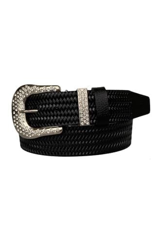 %100 Hakiki Deri, Gümüş Taşlı Tokalı, Metal Taşlı Köprülü Siyah Kadın Kot Kemeri 4 cm; Siyah.-ORGULU-byn-66