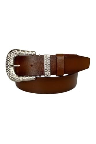 %100 Hakiki Deri, Gümüş Taşlı Tokalı, Metal Taşlı Köprülü Kahverengi Kadın Kot Kemeri 4 cm; Kahve-byn-66