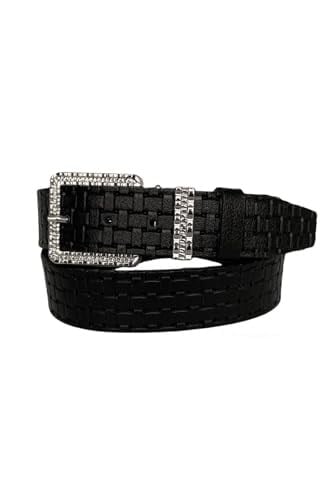 %100 Hakiki Deri, Gümüş Tokalı, Metal Köprülü Siyah Desenli Kadın Kot Kemeri 4 cm; Siykare-byn-62