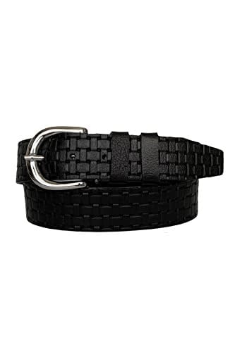%100 Hakiki Deri, Gümüş Tokalı Siyah Desenli Kadın Kot, Spor Kemer 4 cm; Siykare-byn-45