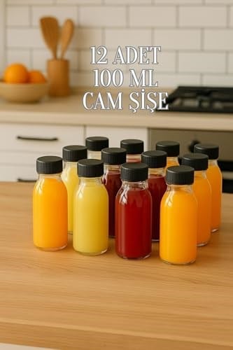 12 Adet 100 ml Kilitli Siyah Kapaklı Şeffaf Detox Shot Şişesi 100 Cc Ginger Şat Beyaz Cam Şişe