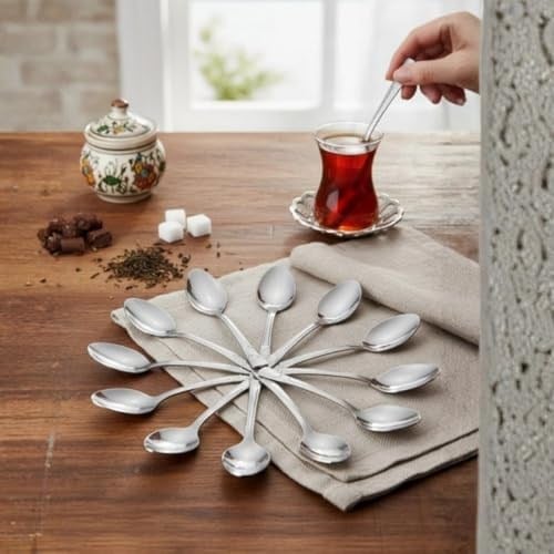 12'li Paslanmaz Çelik Çay Kaşığı Seti - Ay Yıldız Motifli Kararmaz Takım