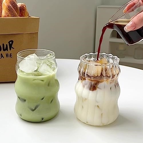 2 Adet Nervürlü Cam Bardaklar 18oz Vintage İçme Züccaciye Dalgalanma Kokteyl Bardakları Buzlu Kahve Suyu İçecek Süt için