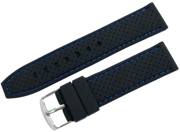 24mm Mavi Dikişli Siyah Kauçuk Silikon Spor Saat Kordonu Kayışı K