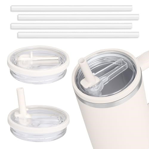 2'li Paket 40 oz Tumbler Kapaklı Hasır Kapak, Stanley Yedek Basmalı Düğme Dökülmeye Dayanıklı Bardak Kapağını Çevirin, Sızdırmaz Su Şişesi Parçaları, Stanley Cup Quencher-Krem Beyaz ile Uyumlu (Krem