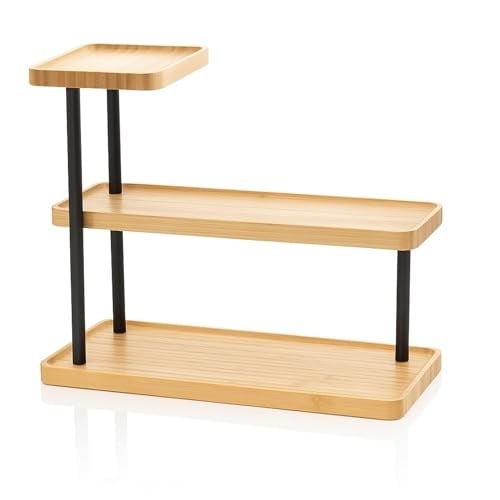 3 Katlı Bambu Mutfak Rafı, Metal Ayaklı, Doğal Bambu ve Siyah Renk, Modern Tasarım, 32.5x28x15.5 cm, Mutfak Düzenleyici, Tezgah Üstü Depolama Standı