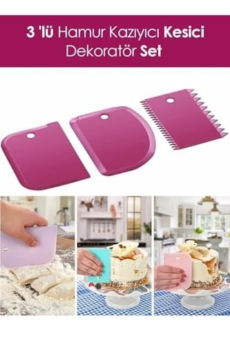 3 Parça Plastik Pasta Hamur Krema Şekillendirici Kesici Kazıyıcı Dekoratör Spatula Set