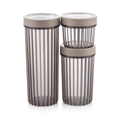 3'lü Çevir Aç Kapak Kavanoz Plastik Saklama Kabı Seti, Büyük, Orta, Küçük, 3 Boy (BEJ)