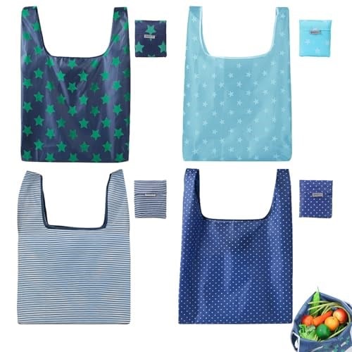 4 adet alışveriş çantası, katlanabilir, tekrar kullanılabilir alışveriş çantası, yıkanabilir alışveriş torbası, çevre dostu alışveriş çantası, hafif polyester taşıma çantası, alışveriş,