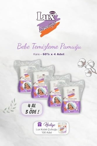 4 AL 3 ÖDE Lux Kare Bebe Temizleme Pamuğu 60' lı, Kulak Çubuğu Hediyeli