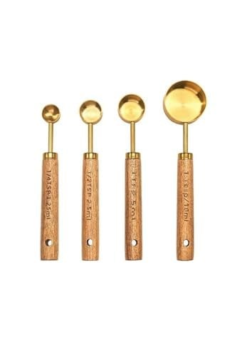 4 Parça Bambu Saplı Ölçü Kaşığı Seti, Gold Renk, Paslanmaz Çelik