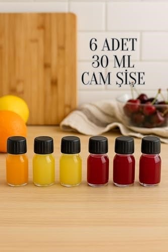 6 Adet 30 ml Kilitli Siyah Kapaklı Şeffaf Detox Shot Şişesi 30 Cc Ginger Şat Beyaz Cam Şişe