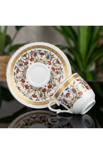 6 Kişilik Çini Desenli Altın Yaldızlı Türk Kahvesi Fincanı | Klasik Porselen Kahve Fincanı