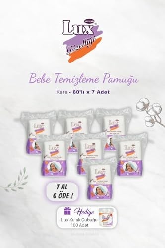 7 AL 6 ÖDE Lux Kare Bebe Temizleme Pamuğu 60' lı, Kulak Çubuğu Hediyeli