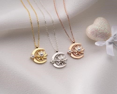 925 Ayar Papatya Silver Ay Güneş Beyaz İncili Kolye.rose.gold.rodaj