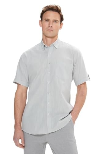 AC&Co/Altınyıldız Classics Comfort Fit Rahat Kesim Gizli Düğmeli Yaka Keten Görünümlü%100 Pamuk Flamlı Gömlek