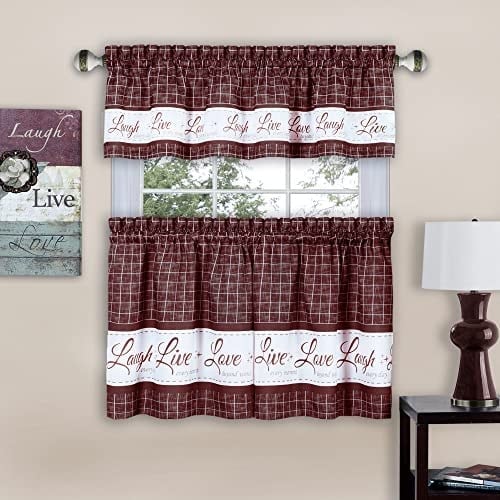 Achim Home Furnishings Live, Love, Laugh - Baskılı Kat & Kısa Perde Seti - 58x36 - Bordo