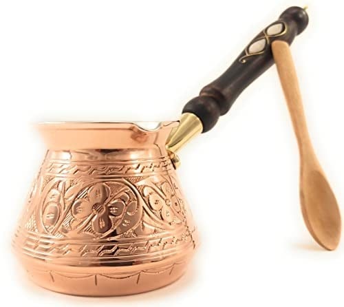 ACI Serisi (Orta-14 fl oz) - En Kalın Masif Oyulmuş Bakır Ahşap Saplı Türk Yunan Arapça Cezve, Ocak Üstü Kahve Makinesi, Jazzve, Cezve, Ibrik, Briki, Café Turco