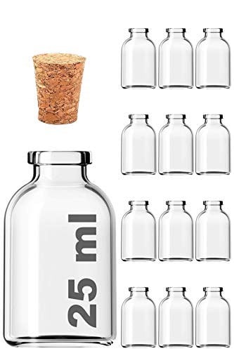 Afracam Şeffaf 25 ml / 25 cc Mantar Tıpalı Boş Cam Şişe 12 Adet