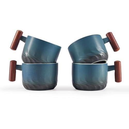 Ahşap Saplı 2.5oz Seramik Espresso Bardakları, Küçük Kahve Fincanları Çift Atış Espresso Bardakları 4'lü Set