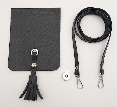 Aksesuar Siyah Suni Deri Püskül Kapaklı Cep Telefonu Mini Bag Seti Gümüş Metal