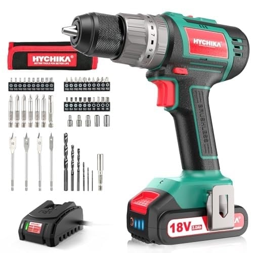 Akülü tornavida 60 Nm maks, HYCHIKA 18 V matkap, 2 x 2,0 Ah akü ve 57 parça aksesuar seti, fırçasız motor, 2 vites, 21 + 3 tork kademesi, çekiç fonksiyonlu matkap