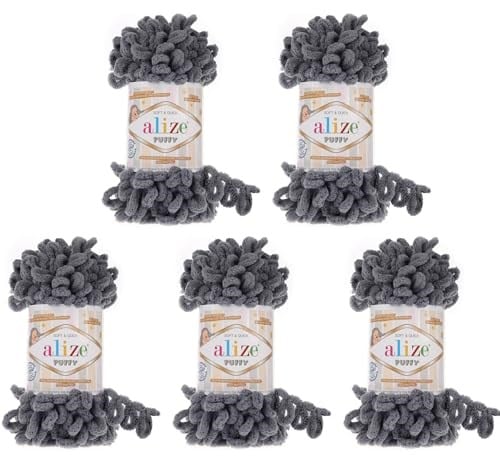 Alize Puffy 5 x 100 gram örgü yünü, 500 gram parmak örgüsü - yün süper hacimli, halka yünü, iğnesiz örgü (gri 87)