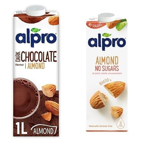 Alpro Badem Bitter Çikolata İçeceği 1L ve Alpro Şekersiz Badem Bitki Bazlı İçecek 1 L