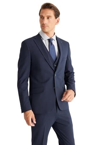 ALTINYILDIZ CLASSICS Erkek Koyu Lacivert Recycle Slim Fit Dar Kesim Mono Yaka Yelekli Kareli Takım Elbise, Koyu Lacivert, 46-6 Drop