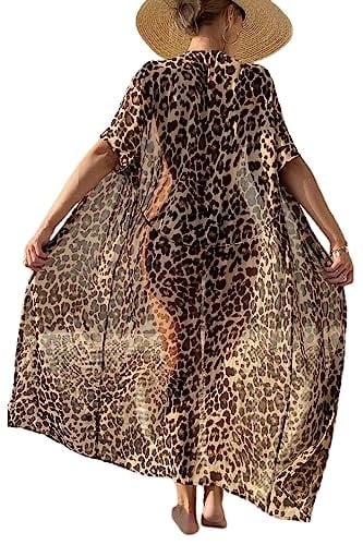 Angelsin Şifon Uzun Önden Bağlamalı Leopar Plaj Elbisesi Pareo Kimono