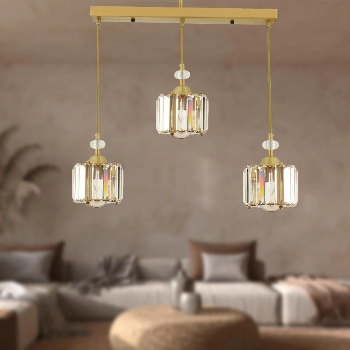 Apliqa Bonita Eskitme 3 Lü Sıralı Kristalli Taşlı Modern Tasarım Kristal Salon Sarkıt Avize
