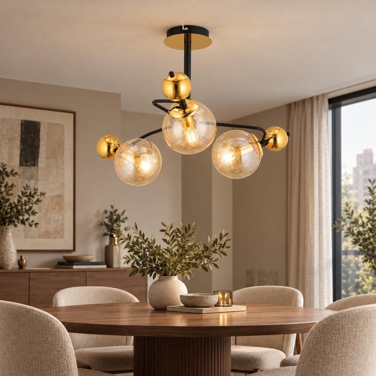 Apliqa Florit 3'lü Siyah Gold Modern Oturma Odası Salon Avize