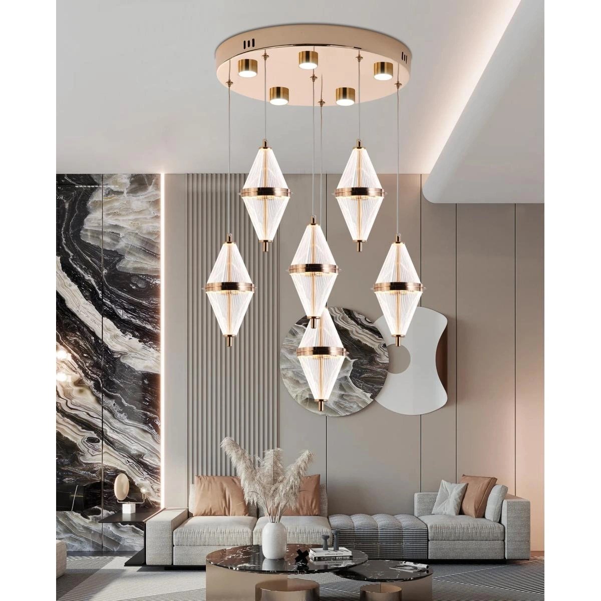 Apliqa Harold 6'lı 40 Watt Yuvarlak Gold Ledli Modern Salon Avize