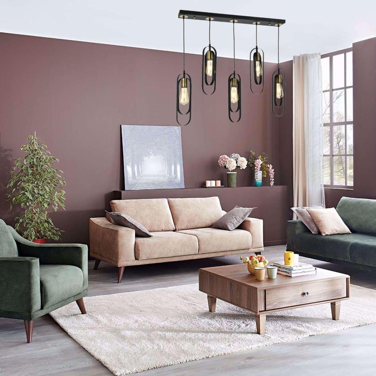 Apliqa Koza 5li Sıralı Siyah Modern Genç Odası Mutfak Retro Salon Sarkıt Avize