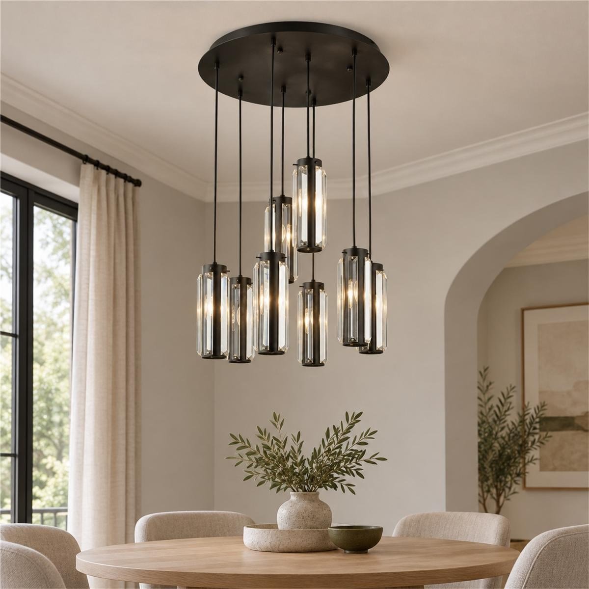 Apliqa Natali 8 Li Yuvarlak Siyah Modern Kristalli, Taşlı Modern Tasarım Kristal Salon Sarkıt Avize