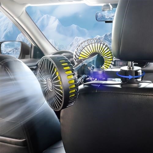 Araba vantilatörü, taşınabilir USB ile çalışan çift kafalı araba koltuğu koltuk başlığı fanı, 3 vitesli hava hızı ve 360° dönen arka koltuk araç fanı, güçlü hava sirkülasyon fanı, ayarlanabilir