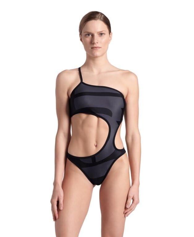 Arena Women's Arena Logo One Piece Single Shoulder Mayo, Asphalt Multi-Black-Black, S