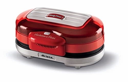 Ariete Party Time Hamburger Makinesi Kırmızı 0205/00 - Hamburger Maker, 1200 Watt, Çift Yapışmaz Plakalar, Aynı Anda Üst Plakada 2 Sandviç Ekmeği Isıtma, Alt Plakada Köfte Pişirme Özelliği