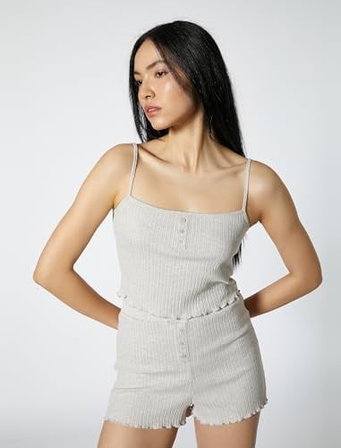Askılı Pijama Üstü Crop Düğmeli Fitilli