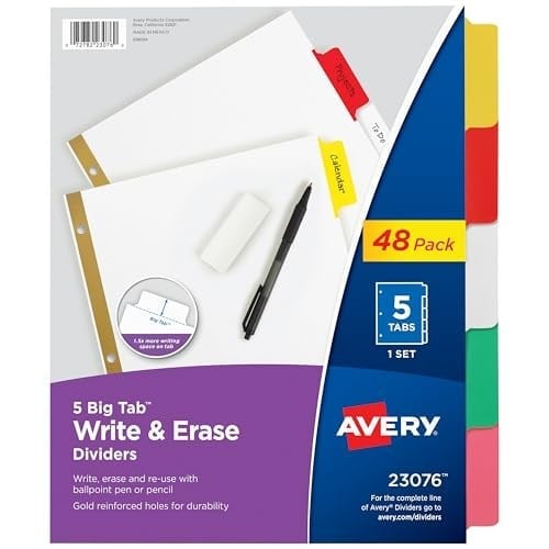 Avery 23076 Big Tab kırma ve silme ayırıcı, 5 renkli sekme, 1 set 5 binici 48 paket