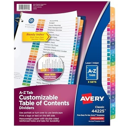 Avery 3 Halka Bağlayıcı için A-Z Tab Bölücüler, Özelleştirilebilir İçindekiler, Çok Renkli Sekmeler, 3 Takım (44225)