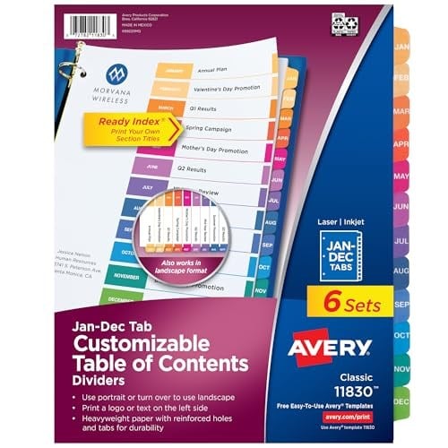 Avery 3 halkalı kitap için aylık ayraç, ayarlanabilir içindekiler, çok renkli, 6 set (11830)