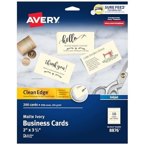 Avery Basılabilir kartvizitler, mürekkep püskürtmeli yazıcı, 200 kart, 2 x 3,5, temiz kenar, ağır, fildişi rengi (8876)