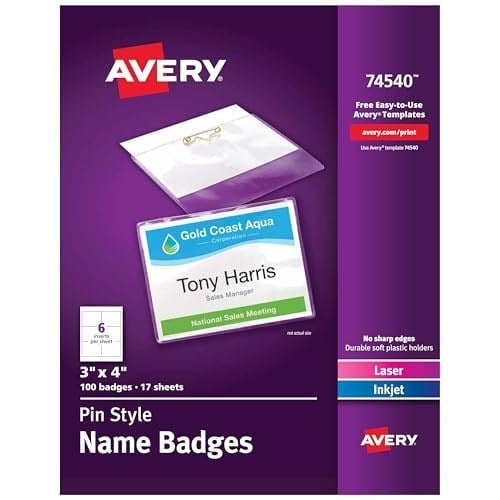 Avery İğne Stili İsim Rozetleri, Yazdırma veya Yazma, 7,62 cm x 10,16 cm, Güvenli Pimler, 100 Uç ve Rozet Tutacağı (74540)