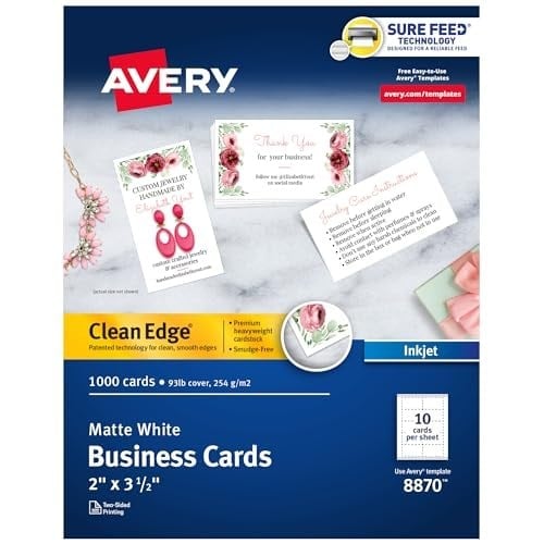 Avery Yazdırılabilir Kartvizitler, Mürekkep Püskürtmeli Yazıcılar, 1.000 Kart, 2 x 3.5, Temiz Kenar, Ağır (8870)
