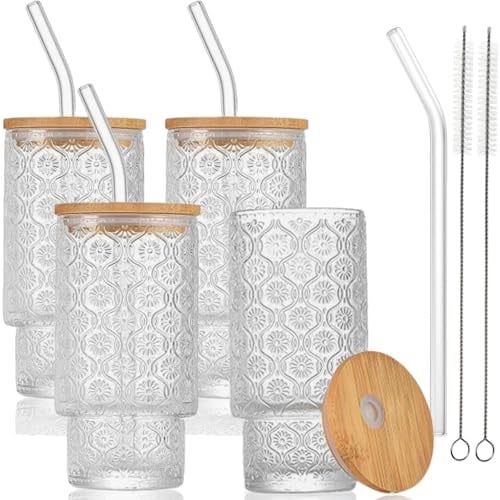 AVLA Bambu Kapaklı ve Pipetli 4 Paket İçme Bardağı, 12 oz Vintage İstiflenebilir Highball Su Kupası, Skinny Tall Collins Bardak, Kabartmalı İçecek Züccaciye Mojito Suyu Soda için Buzlu Kahve Bardağı