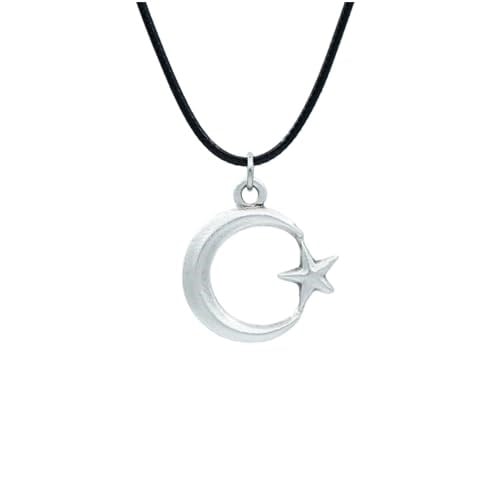 Ay Yıldız Deri ip Kolye - Gümüş Kaplama - Kadın Erkek Kolye - No:1603
