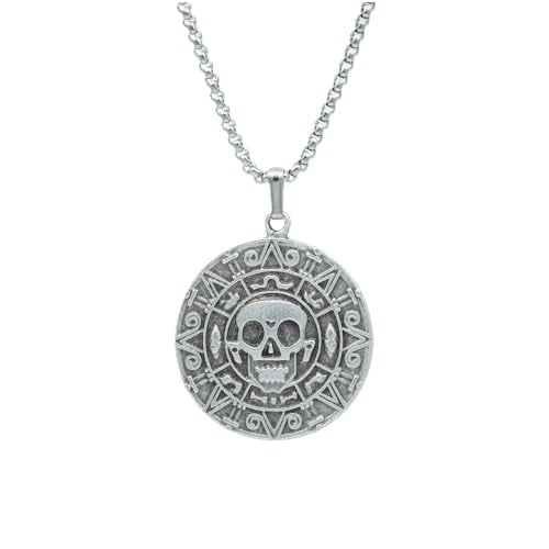 Aztec Karayip Korsanları Madalyon Örme Zincir Kolye - Gümüş Kaplama - Erkek Kadın Kolye - No:1378