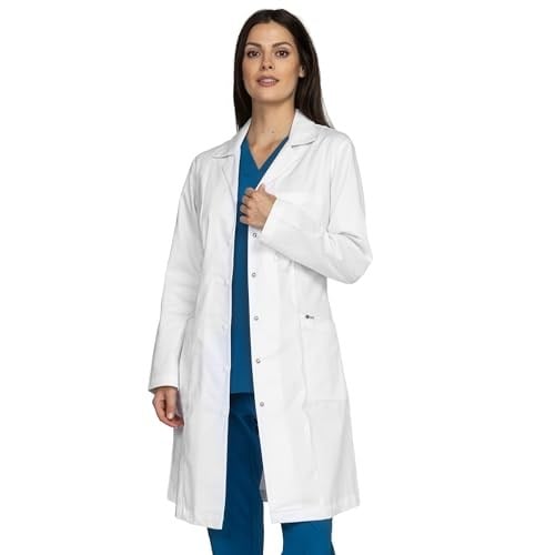 B-well Valeria kadın doktor önlüğü beyaz – Tıbbi laboratuvar önlüğü, ters yakalı, uzun kollu, 3 cepli, gizli çıtçıtlı şerit – bakım ve klinik iş kıyafeti