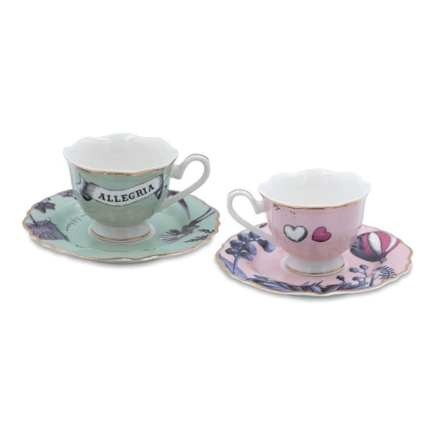 Baci Milano Baci   Milano Allegria Pembe ve Yeşil 4 Parça Kapaklı/Tabaklı 2 Kişilik Espresso   Seti Ø 5,5 cm, H 7 cm